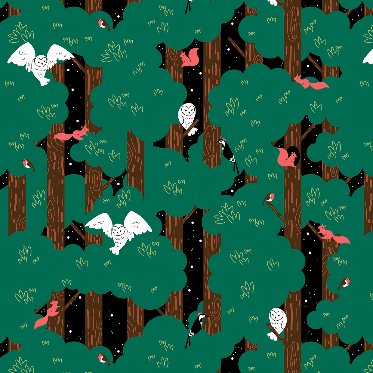 THE LLAMAS_night in the woods pattern_starry nights collection_laura galeazzo